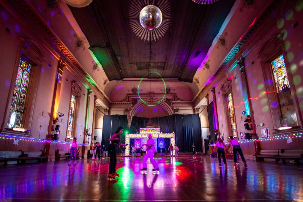 Church of 8 Wheels interior with disco lights and stained glass