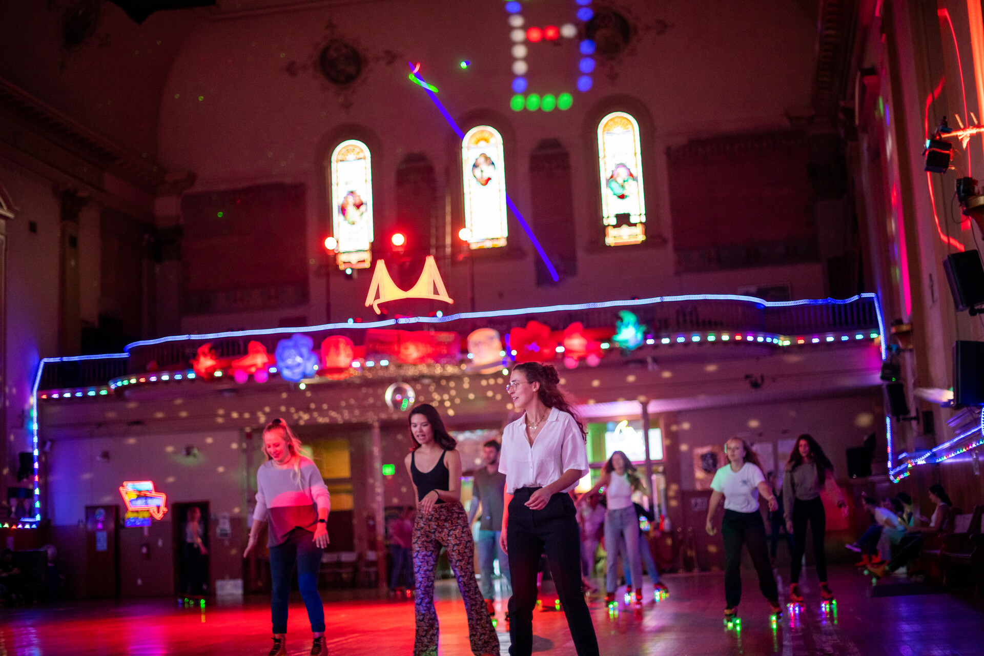 Group skating together at party