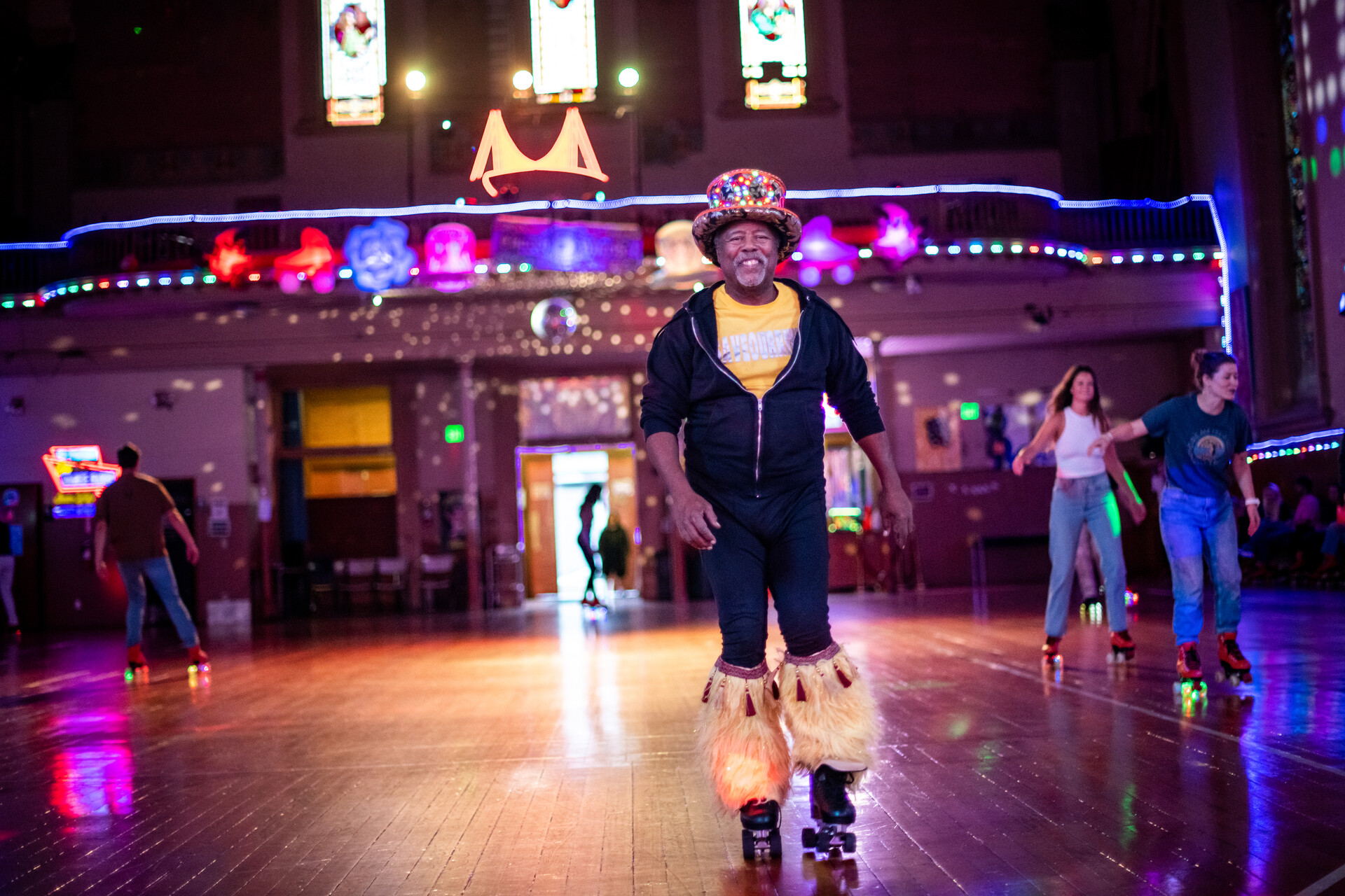 Skater in fun costume with DJ booth